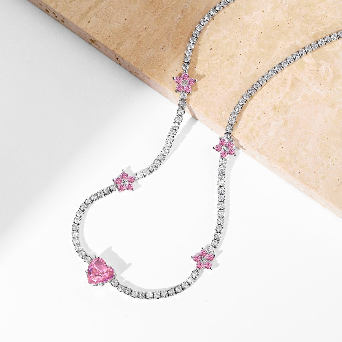 [Together]Dazzling Pink Heart Flower Necklace