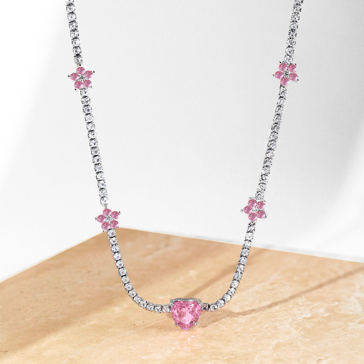 [Together]Dazzling Pink Heart Flower Necklace